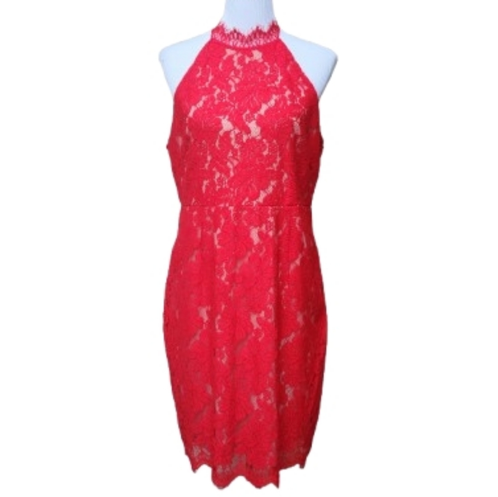 Sans Souci Red Lace Cocktail Dress NWT Mockneck Halter Sheer Open Back